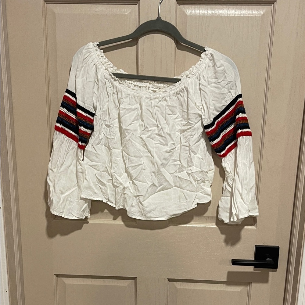 Honey Punch White Blouse with Striped Sleeves